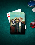 Personalized 'American Pawthic' playing cards featuring two custom pet portraits, on a green felt table with poker chips and dice.