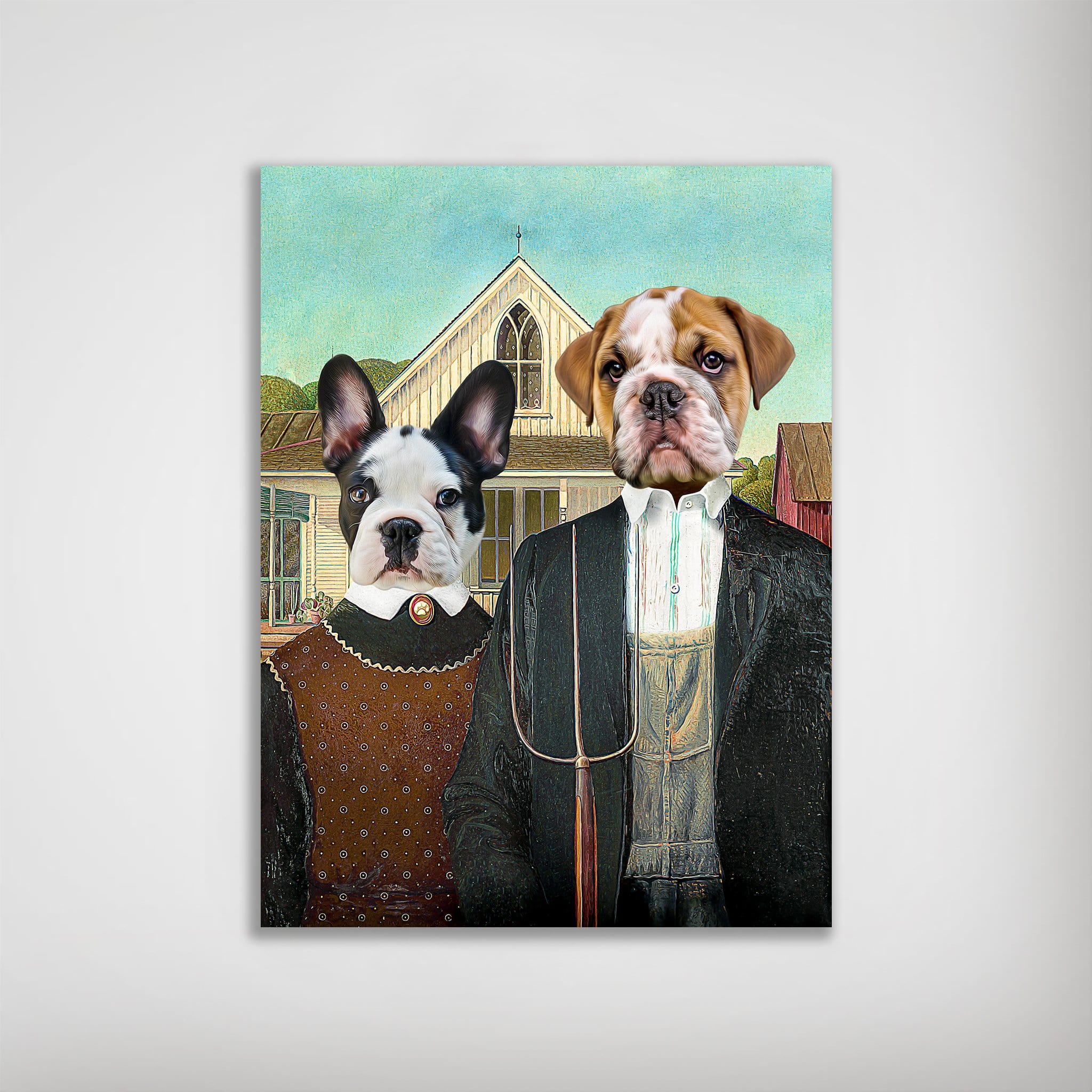 Personalized "American Pawthic" poster featuring two pets as classic art figures in a matte finish.