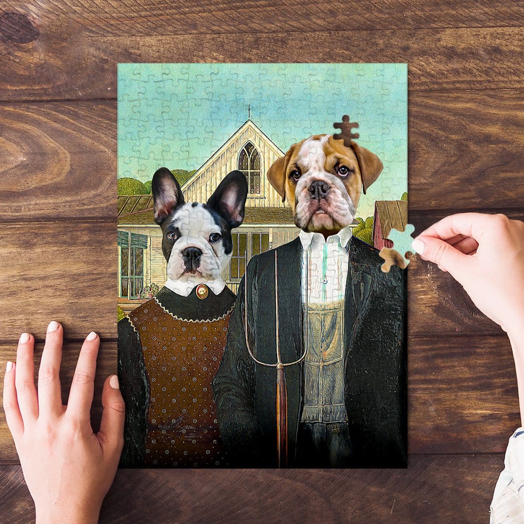 Custom 'American Pawthic' personalized puzzle featuring two pets, a bulldog and a French bulldog, in a renaissance style.