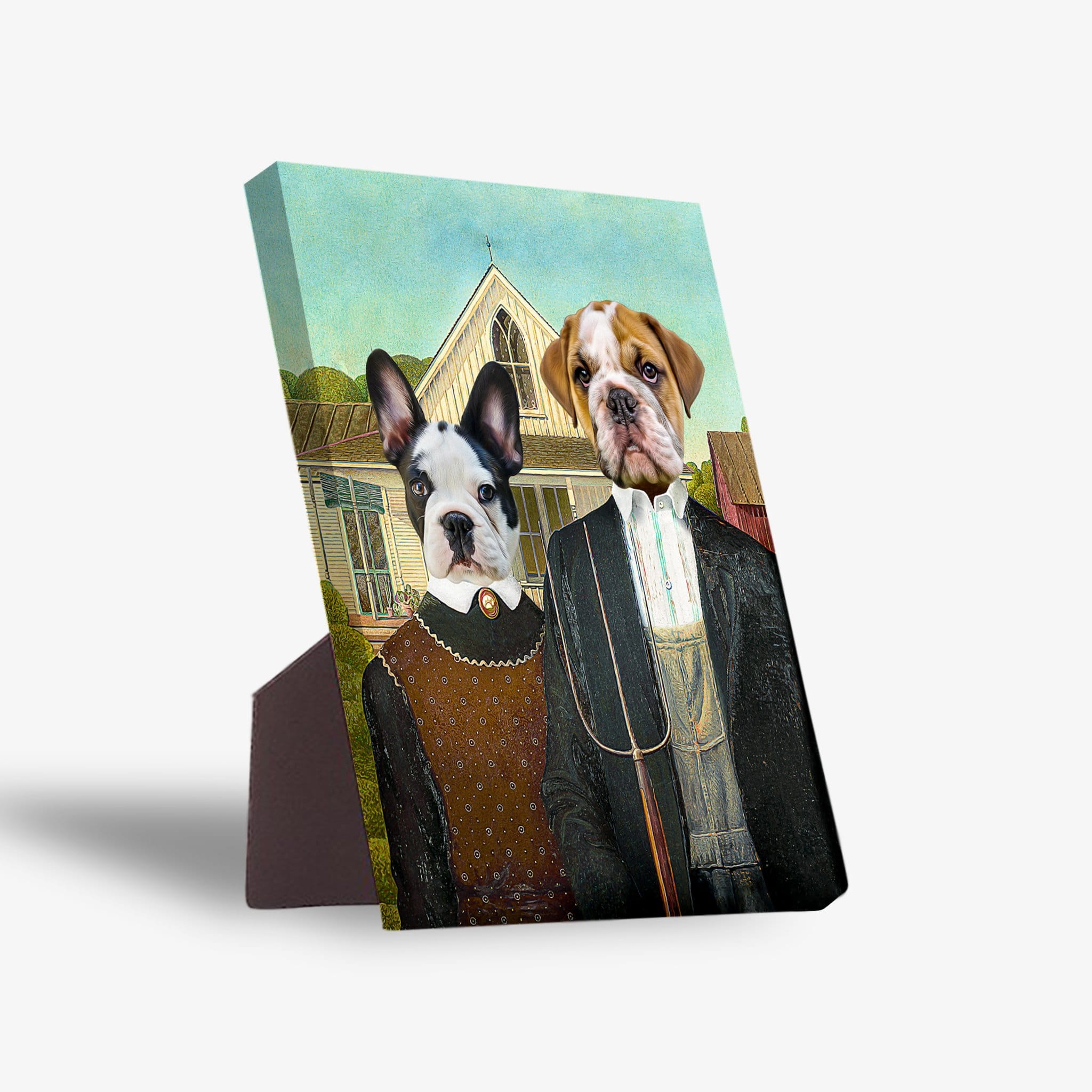 Personalized 'American Pawthic' standing canvas featuring two pets as a classic art parody.