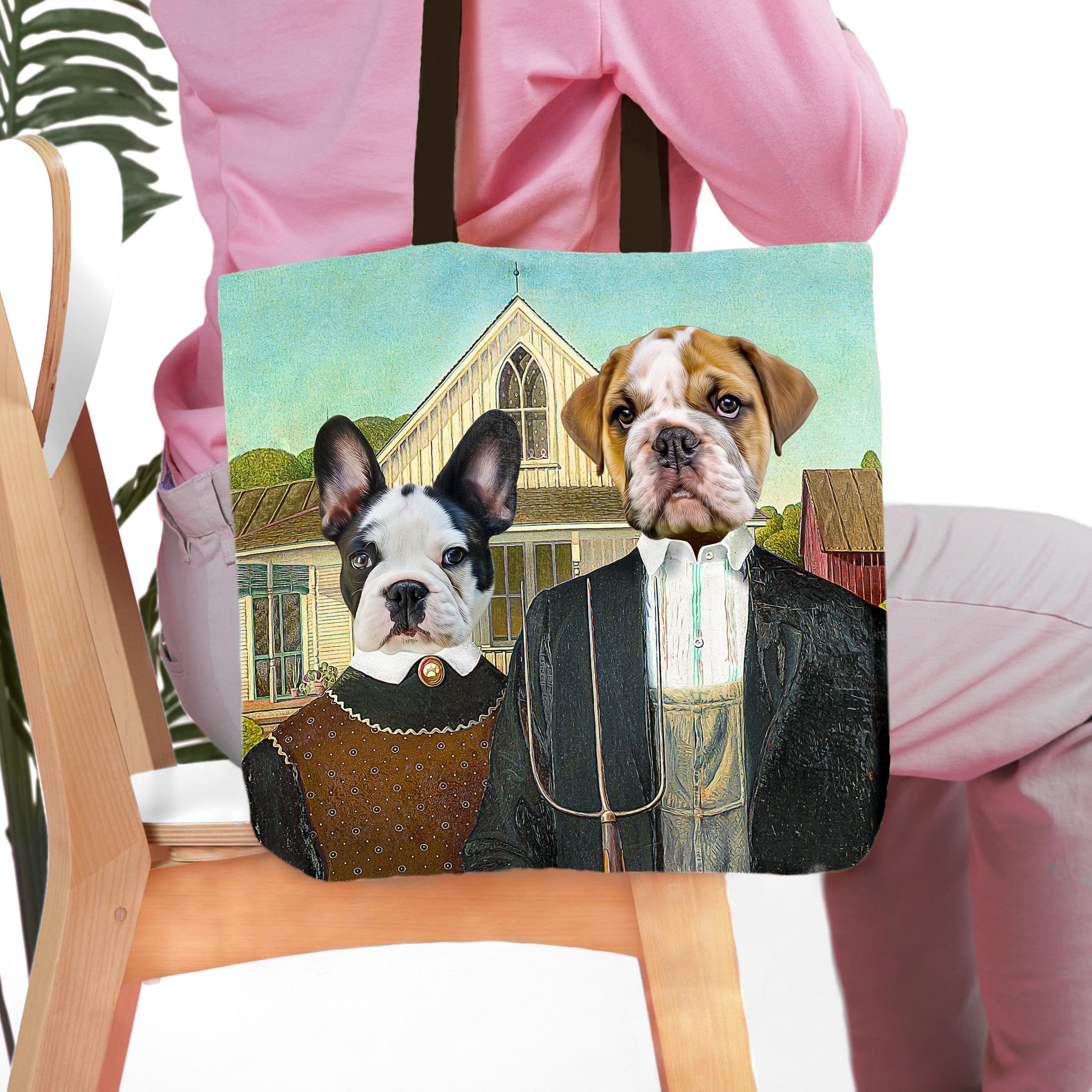 Personalized 'American Pawthic' tote bag featuring custom portraits of a French Bulldog and Bulldog.