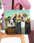 Personalized 'American Pawthic' tote bag featuring custom portraits of a French Bulldog and Bulldog.
