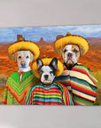 Custom multi-pet portrait canvas featuring three dogs in sombreros and colorful ponchos against a desert landscape.