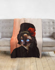 Personalized pet blanket with a Siamese cat portrait in Amy Winehouse style, featuring red roses.