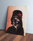Personalized 'Amy Cathouse' pet canvas featuring a Siamese cat with blue eyes, black hair, and red roses.
