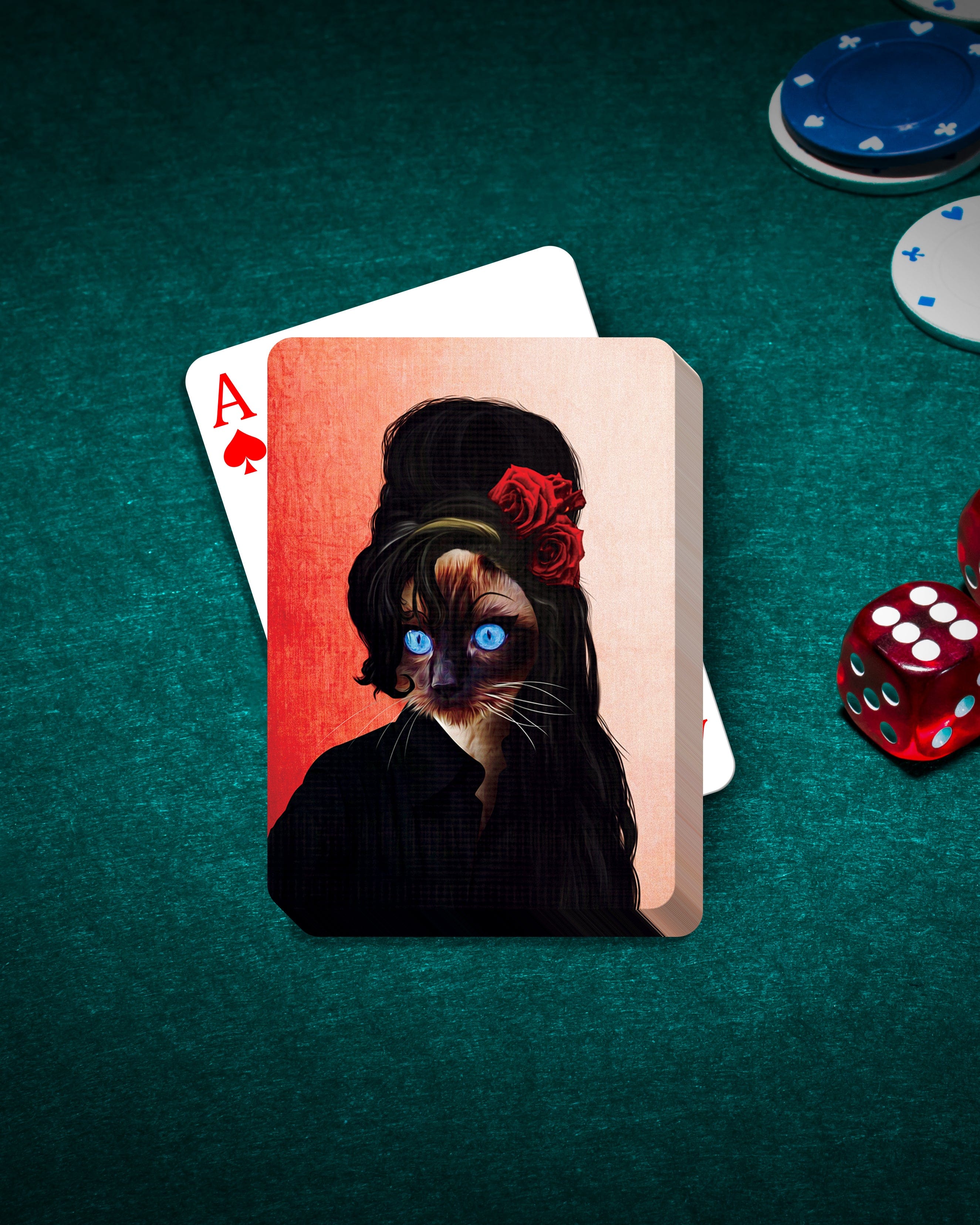 Personalized playing card featuring a Siamese cat in an Amy Winehouse-style portrait on a green felt table.