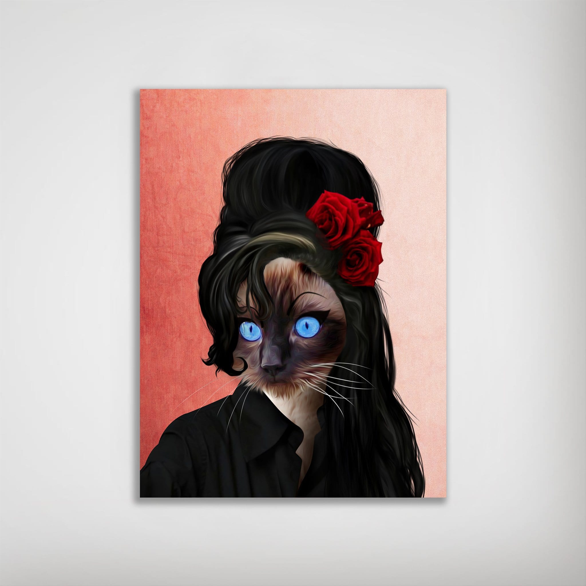 Personalized pet poster featuring a Siamese cat with blue eyes, black beehive hair, and red roses on a pink background.