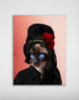 Personalized pet poster featuring a Siamese cat with blue eyes, black beehive hair, and red roses on a pink background.