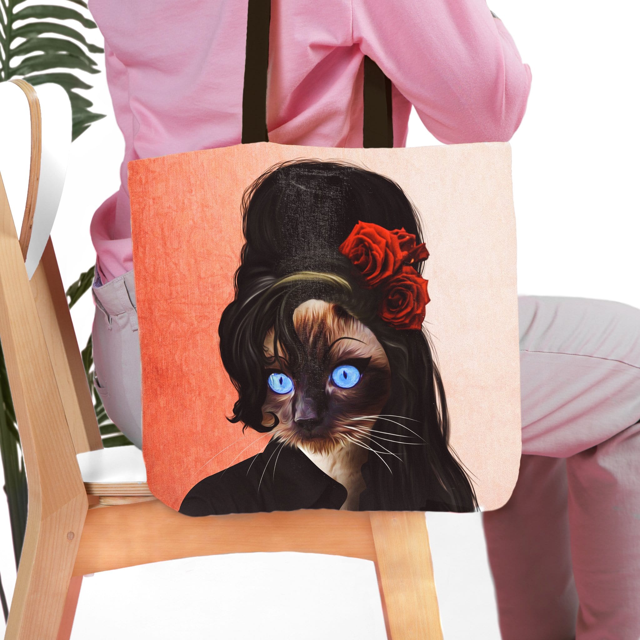 Personalized tote bag with a custom Amy Winehouse-style portrait of a Siamese cat with blue eyes and red roses.