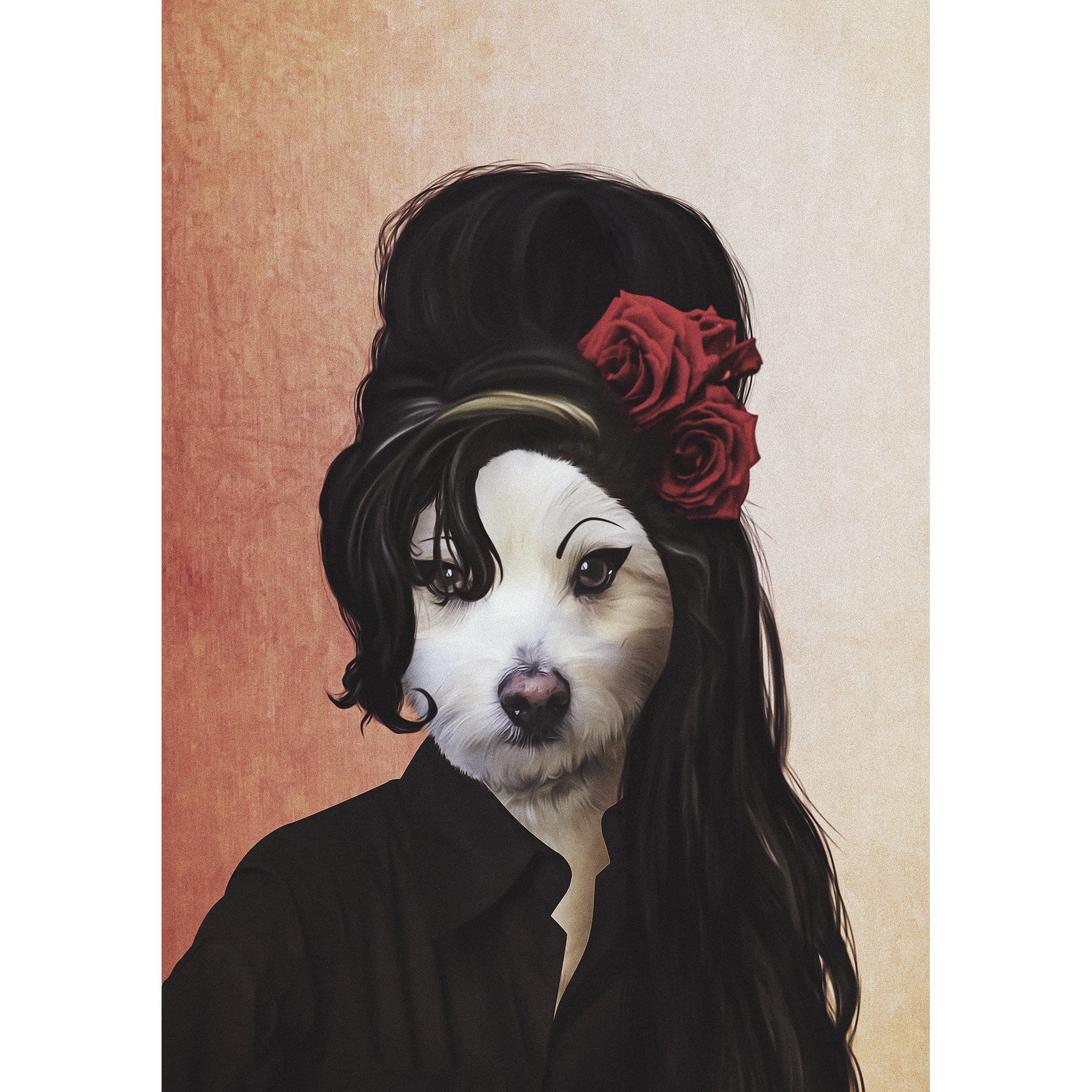 Custom digital portrait of a white dog with Amy Winehouse's black beehive hair and red roses.