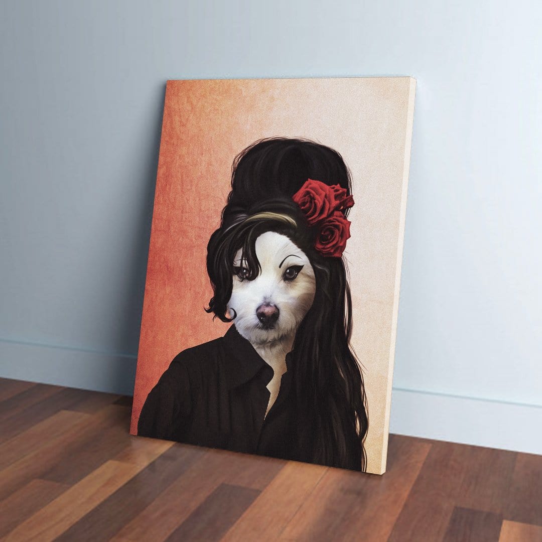 Personalized pet canvas featuring a white dog's face on a figure with black hair, red roses, and a black shirt.