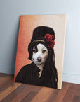 Personalized pet canvas featuring a white dog's face on a figure with black hair, red roses, and a black shirt.