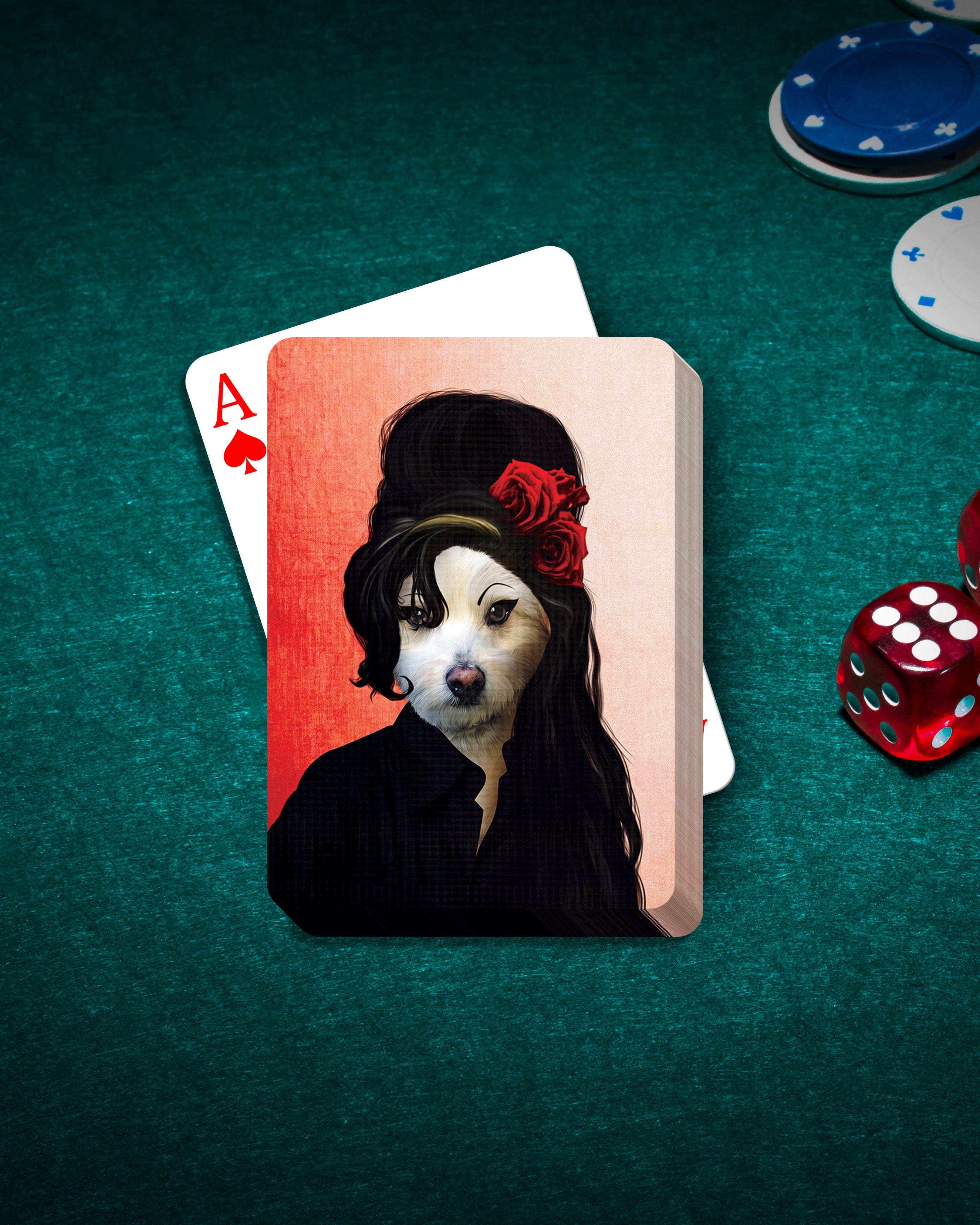 Personalized pet playing cards featuring a custom dog portrait in a retro, Amy Winehouse-inspired style.