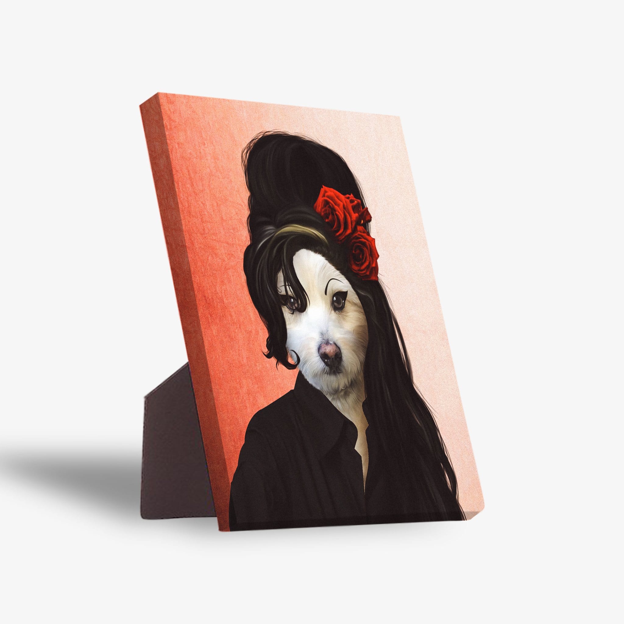 Personalized pet standing canvas featuring a white dog with black hair, red roses, and a black shirt on a peach background.