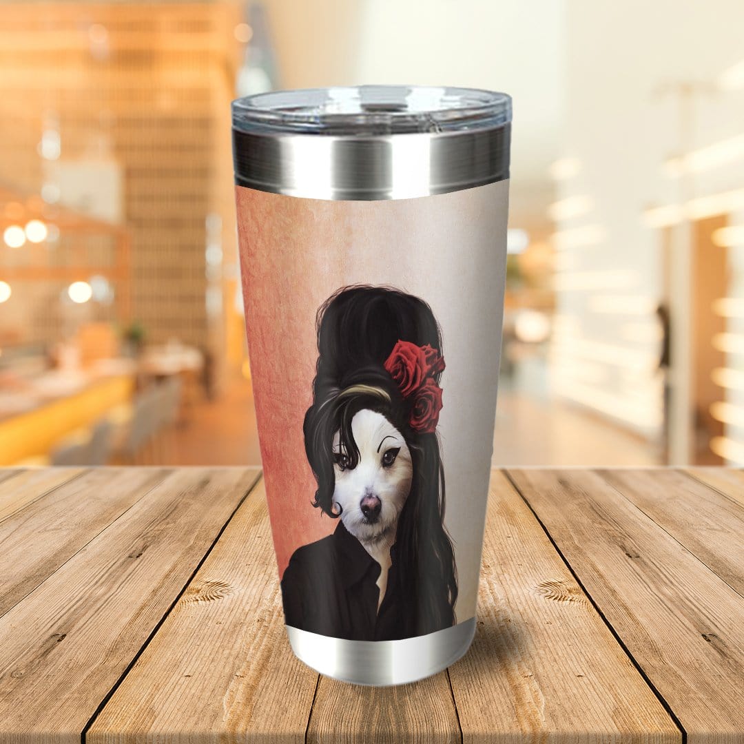 Personalized stainless steel tumbler with a custom dog portrait in a black beehive hairstyle with red roses.