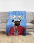 Personalized Anchordog pet blanket with a pug in a red suit holding a microphone.