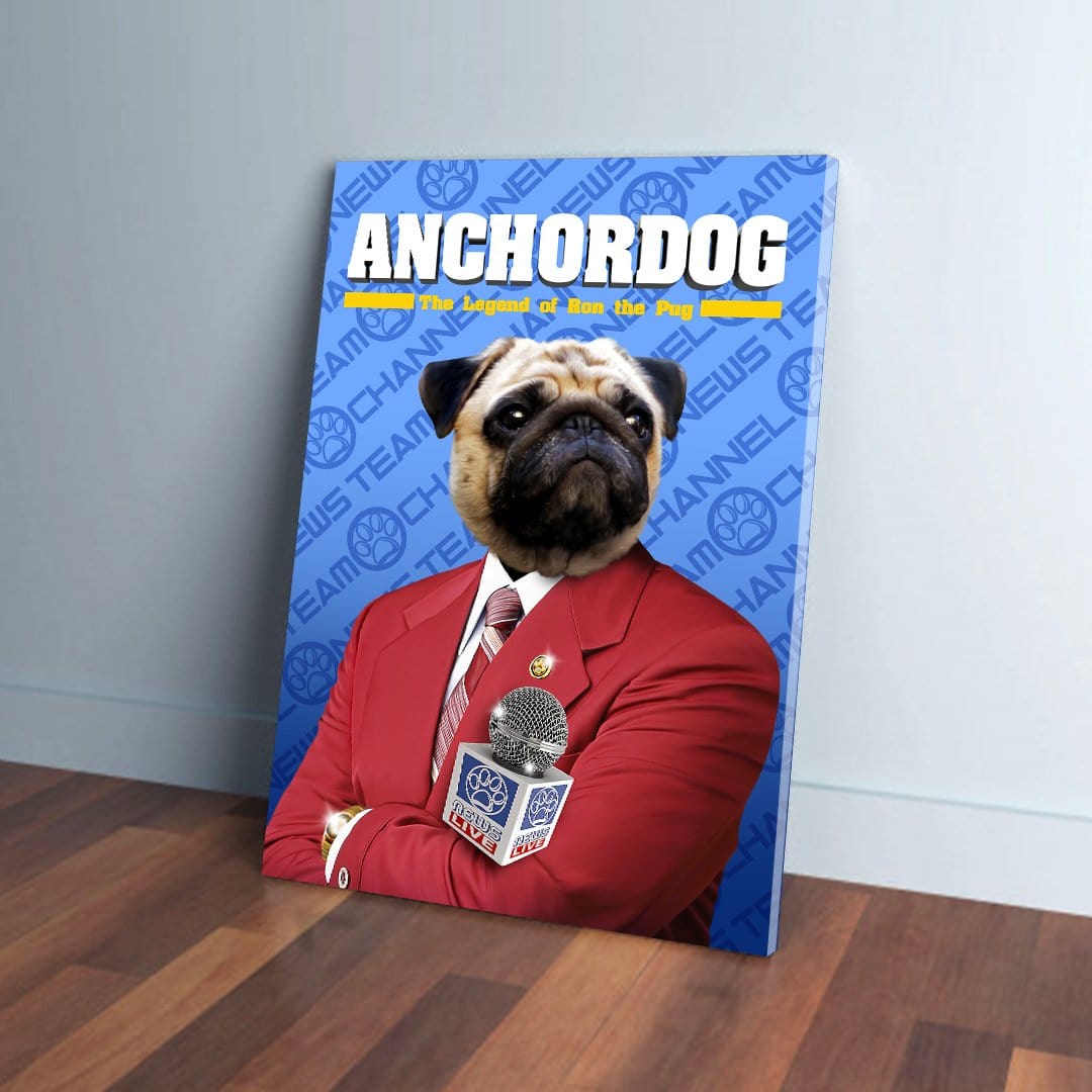Personalized Anchordog canvas featuring a pug in a red suit with a microphone, leaning against a wall.