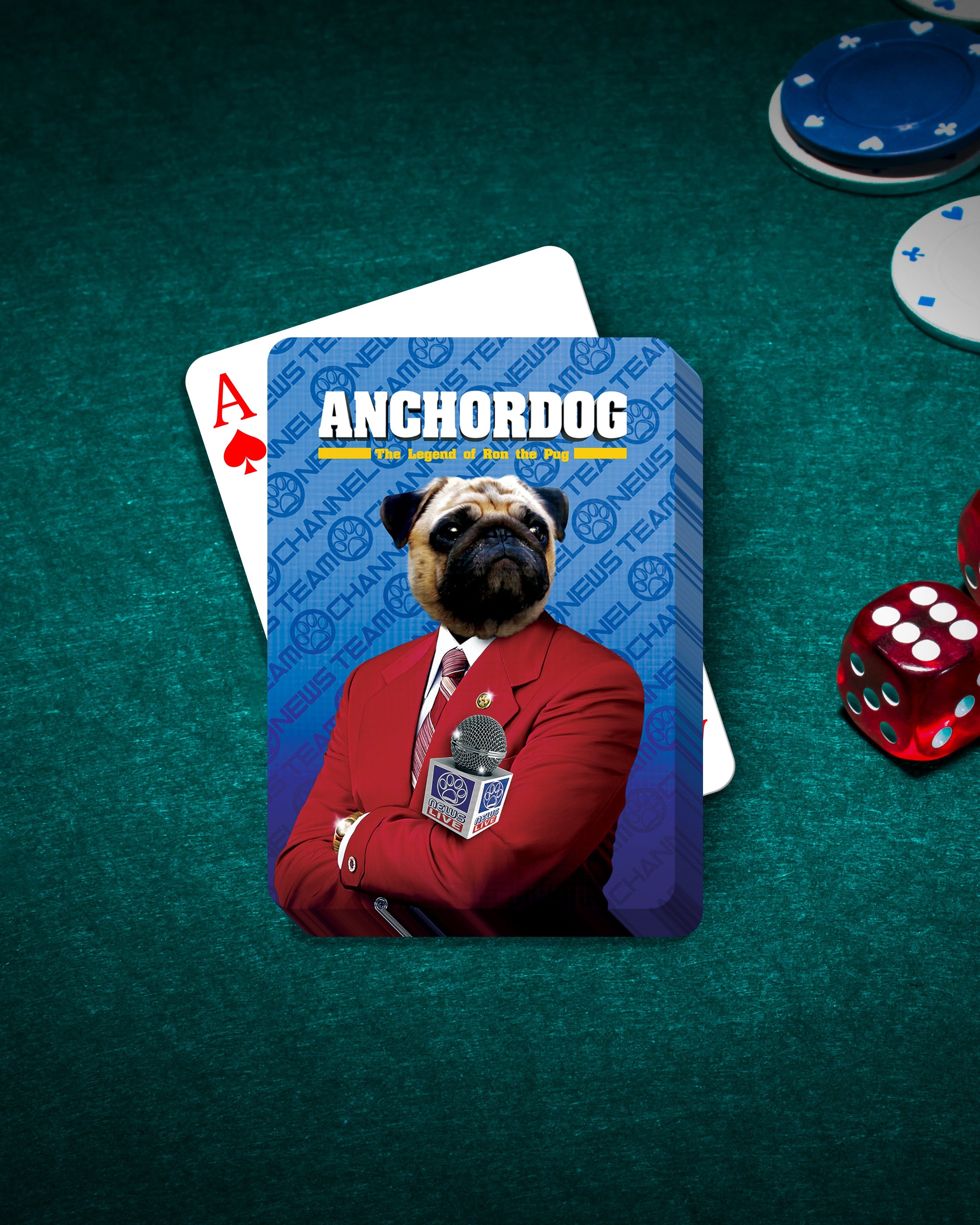 Personalized Anchordog playing card featuring a pug in a red suit with a microphone, on a green poker table.