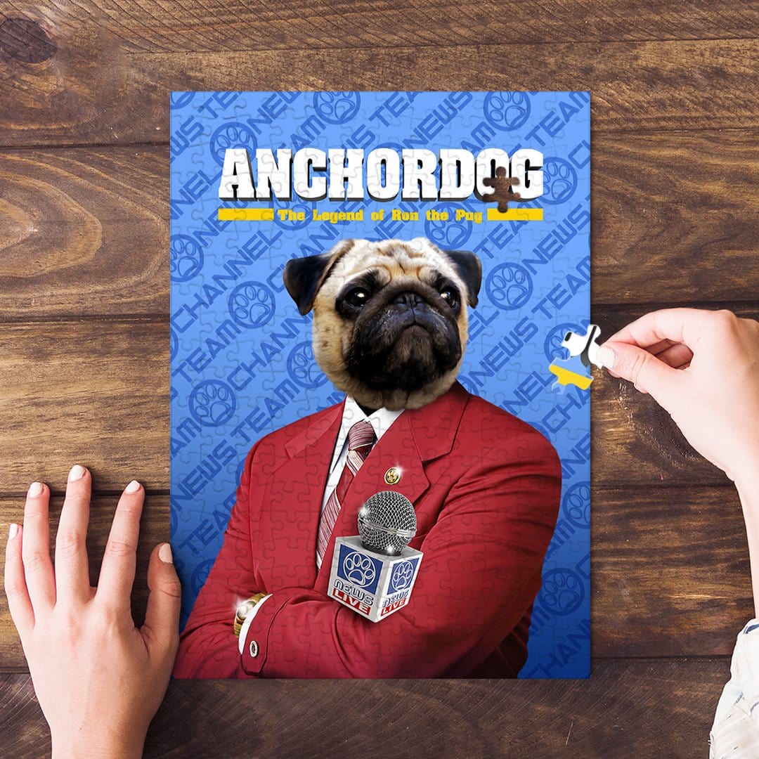 Personalized Anchordog puzzle featuring a pug in a red suit, holding a microphone.
