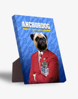 Personalized Anchordog standing canvas featuring a pug in a red suit with a microphone, against a blue news background.
