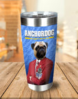 Personalized stainless steel tumbler with a custom pug pet portrait as an Anchordog news anchor.