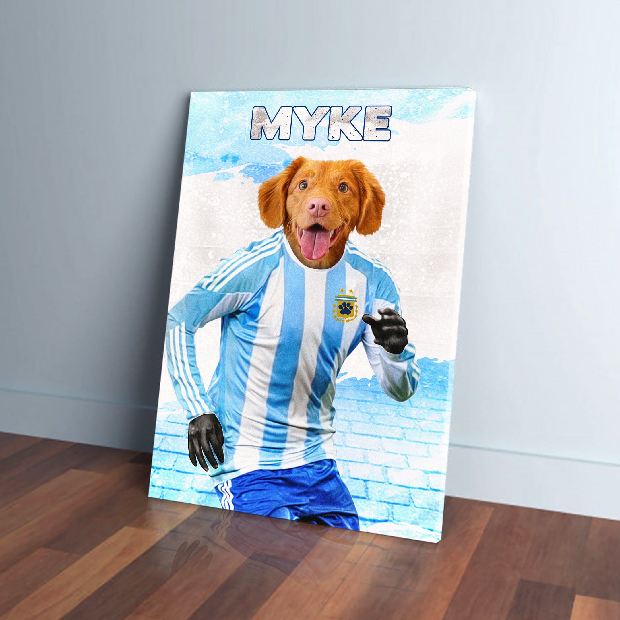 Custom pet canvas featuring a Nova Scotia Duck Tolling Retriever in an Argentina soccer uniform.