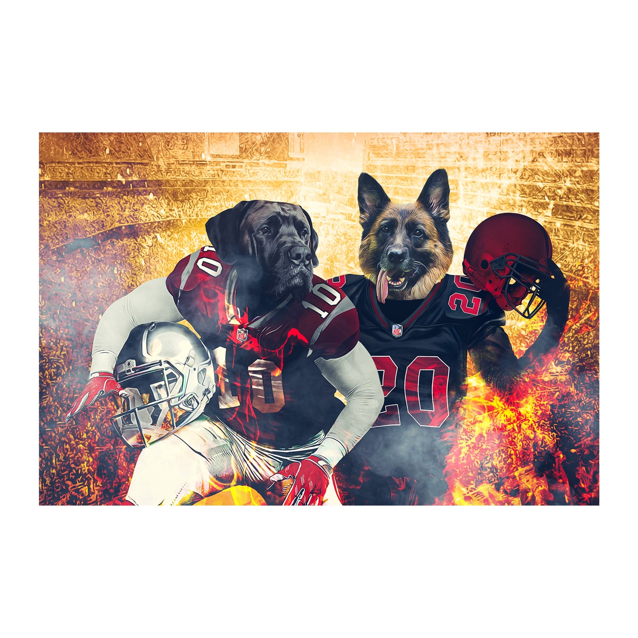 Custom digital portrait of two dogs in football uniforms with a fiery stadium background.