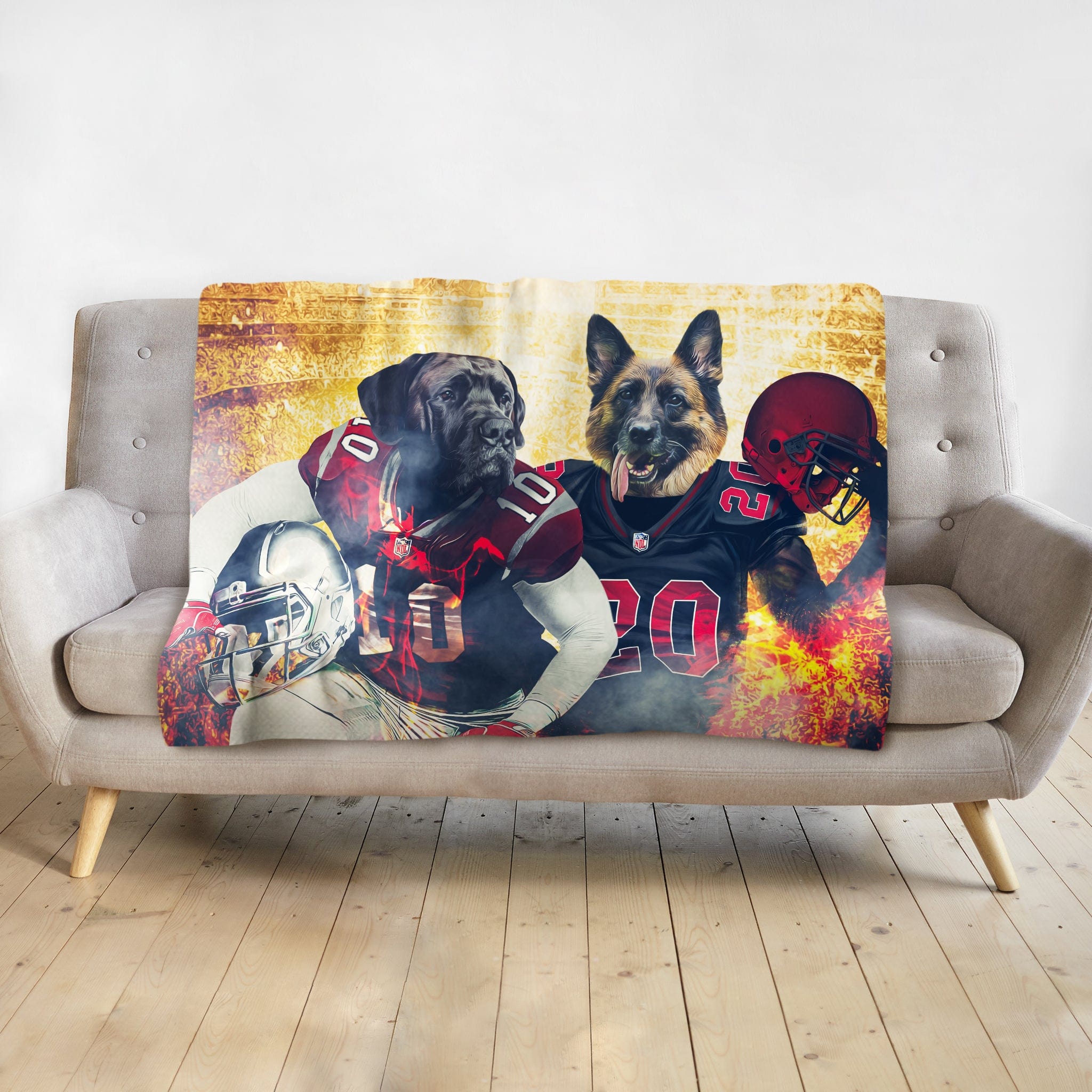 Custom personalized blanket with two dogs as football players, a black Mastiff and a German Shepherd.