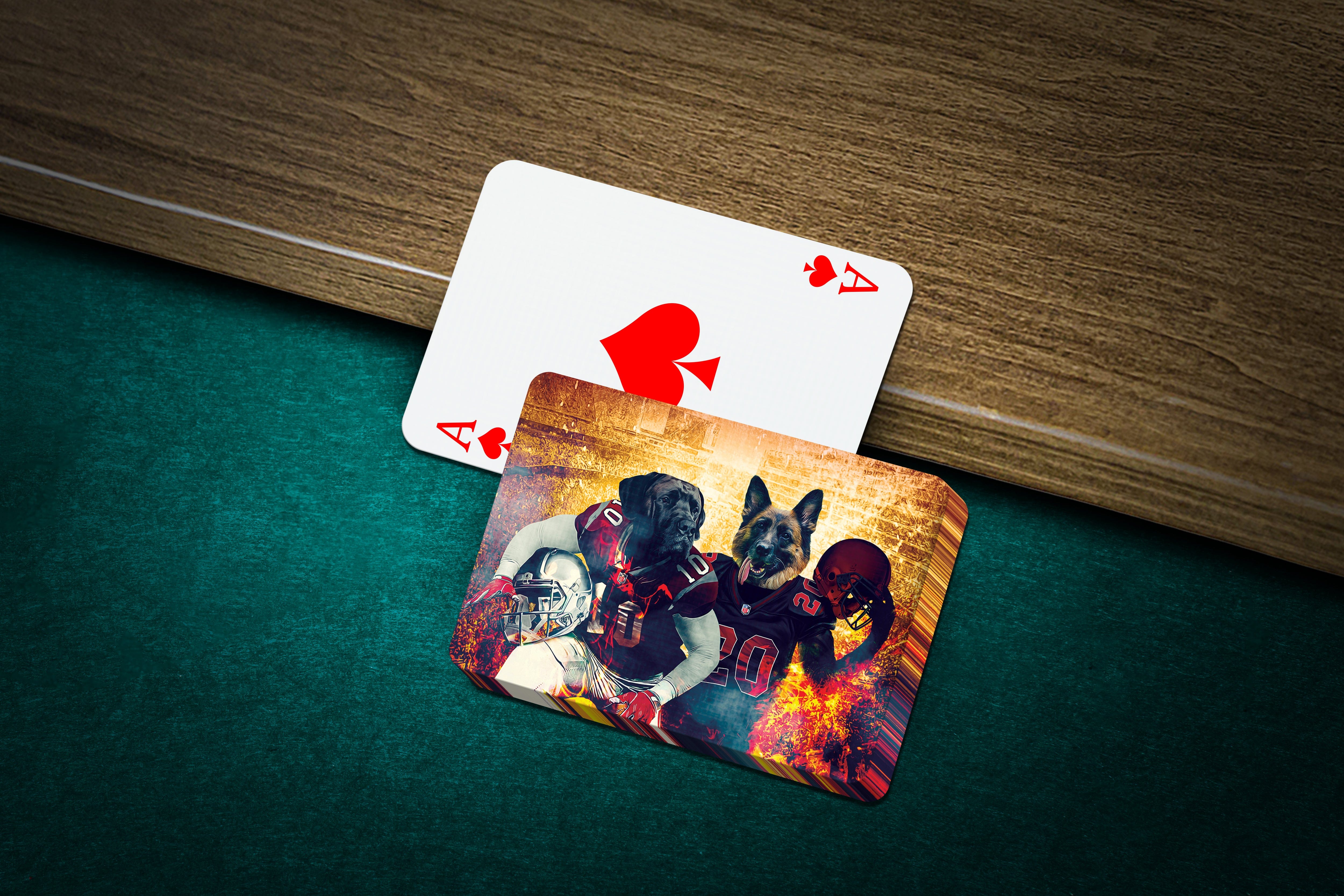 Personalized playing cards featuring two dogs in football uniforms with a fiery background, next to an Ace of Hearts.
