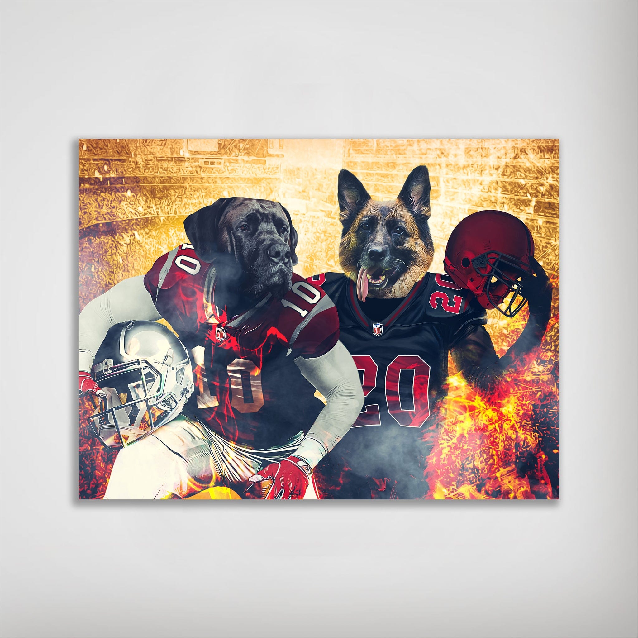 Personalized 'Arizona Doggos' poster featuring two pets as football players in red and black uniforms.