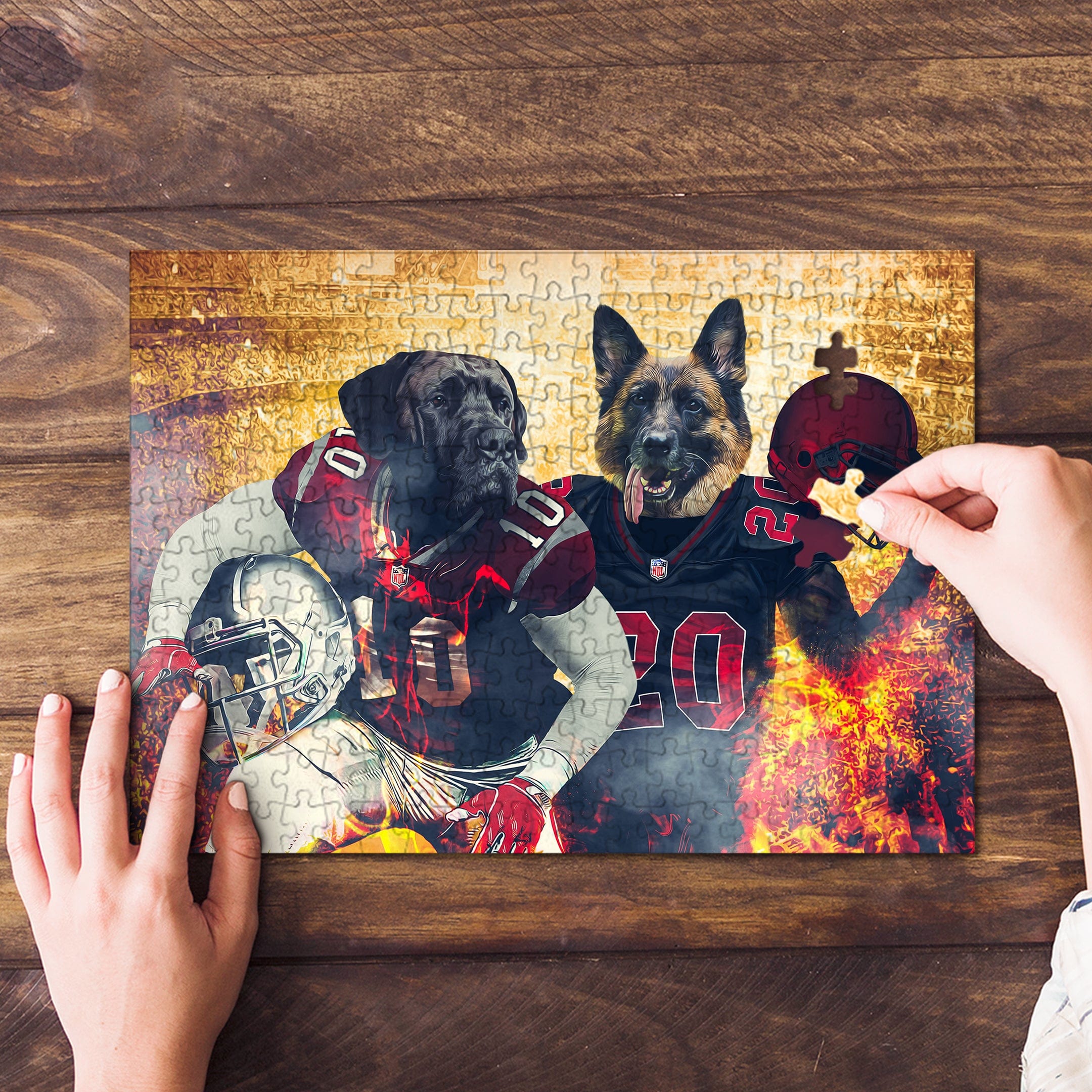 Personalized 2-pet puzzle featuring dogs in football uniforms with a fiery background.
