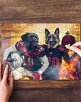 Personalized 2-pet puzzle featuring dogs in football uniforms with a fiery background.