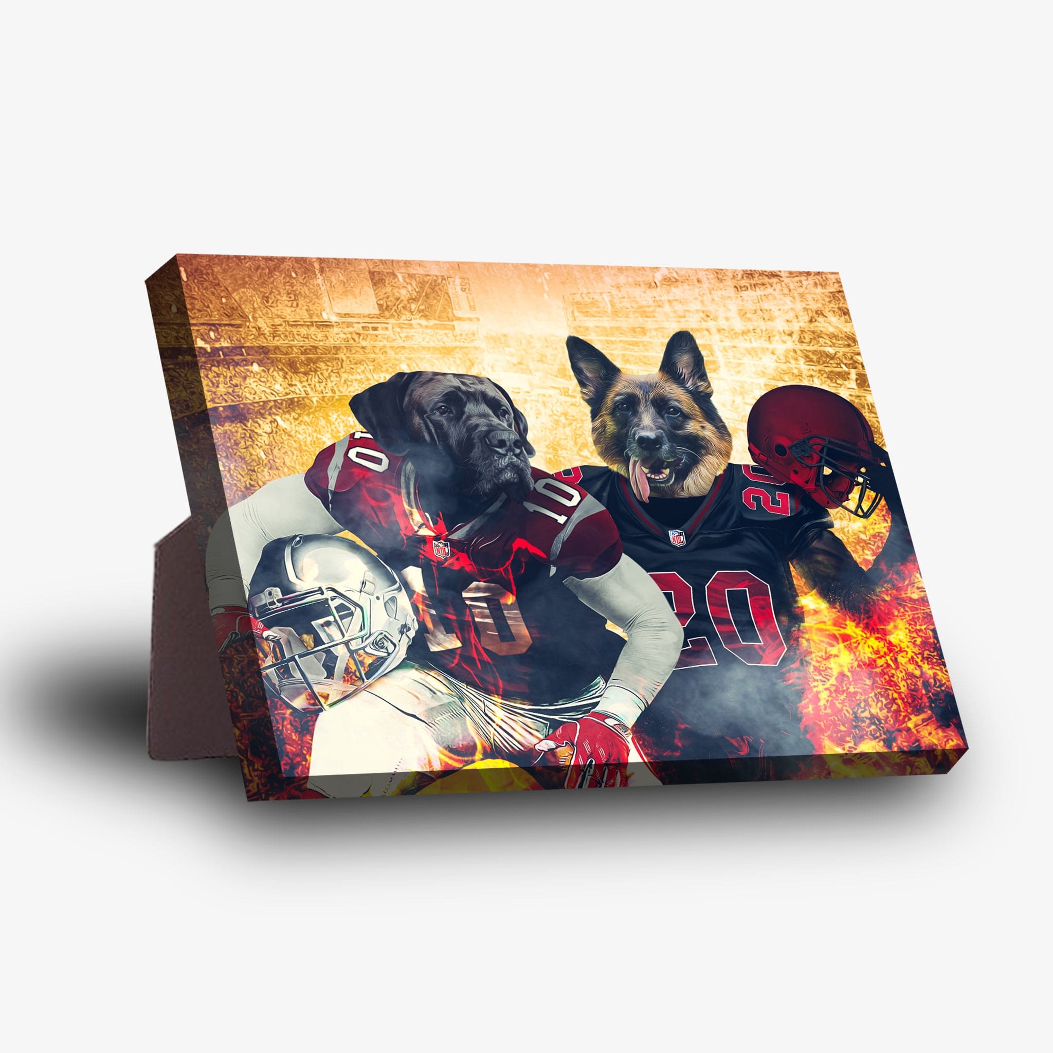Personalized standing canvas featuring two dogs in football jerseys, a Mastiff and a German Shepherd, against a fiery backdrop.