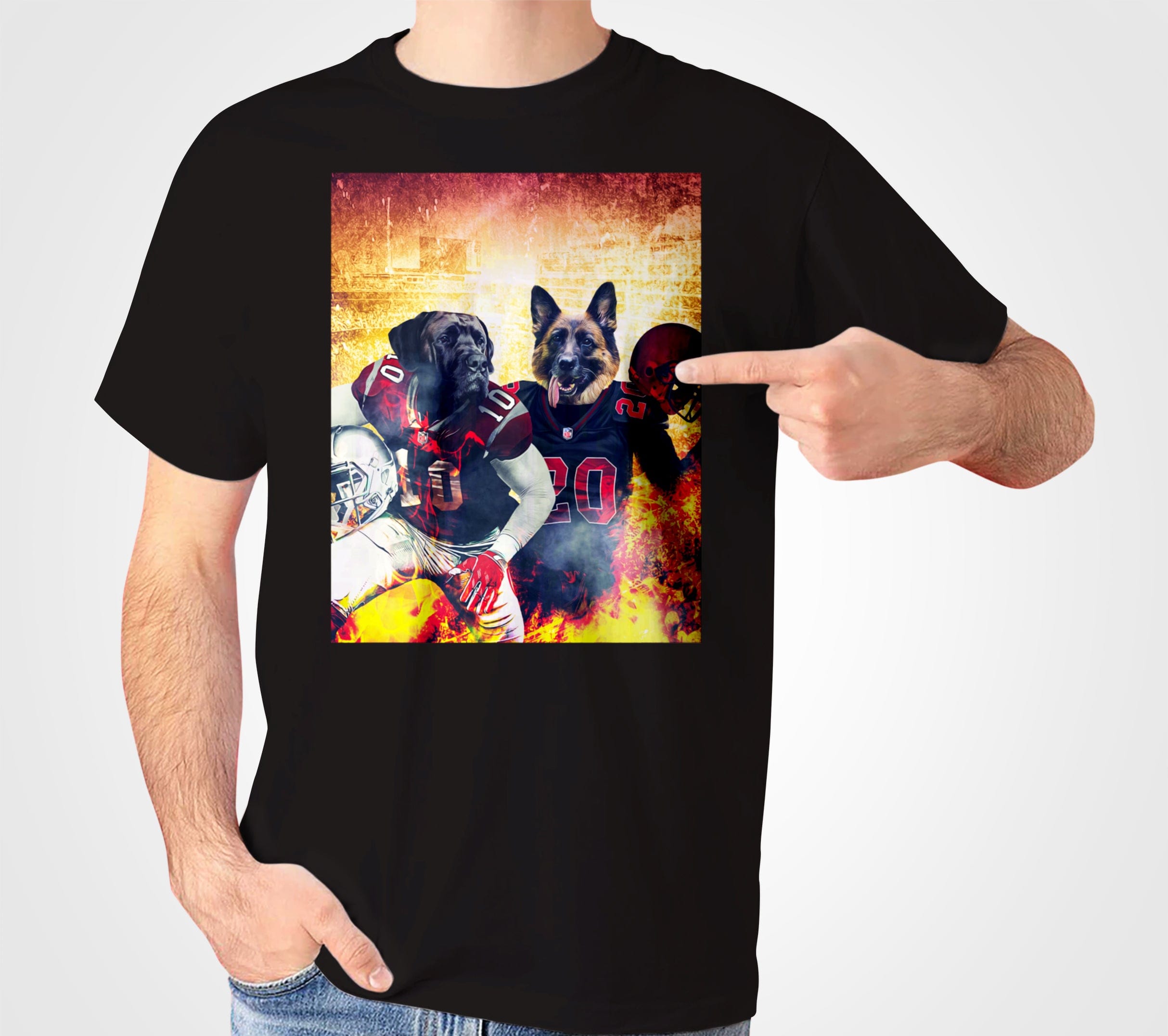 Black Gildan t-shirt with a custom graphic of two dogs in football uniforms, surrounded by flames.