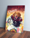 Personalized pet canvas featuring a dog in a red football uniform, holding a helmet, with "Chico" above.
