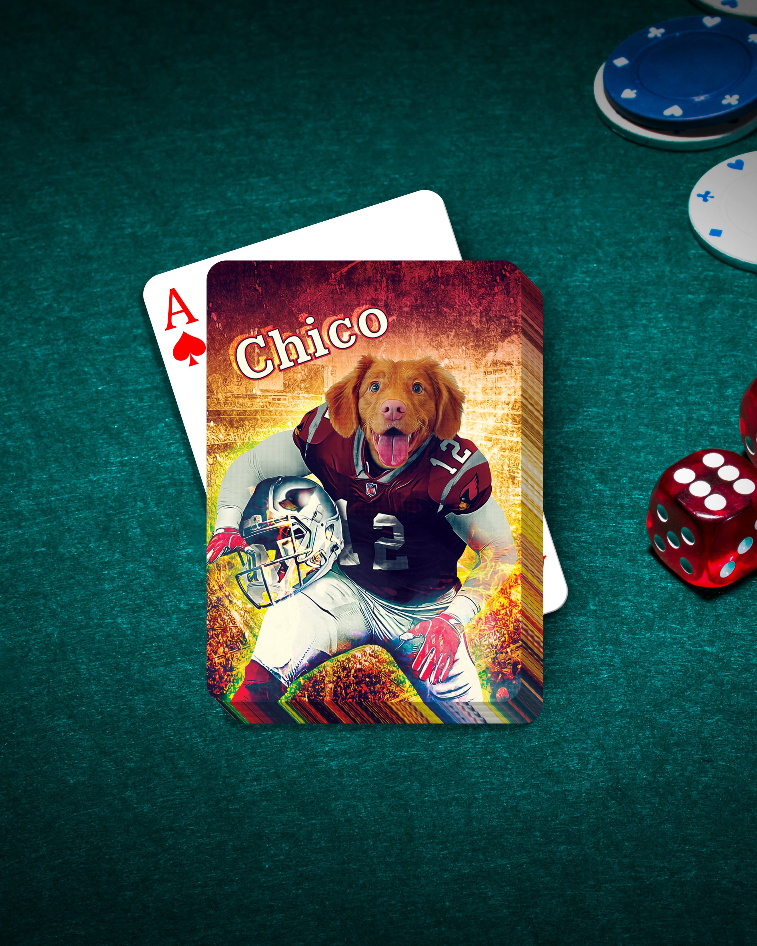 Personalized playing card featuring a dog in a football uniform, named "Chico," on a green felt table with poker chips and dice.