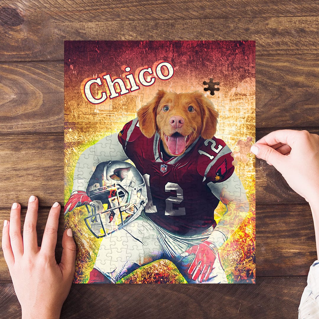 Personalized pet puzzle featuring a dog in a football uniform with "Chico" text.
