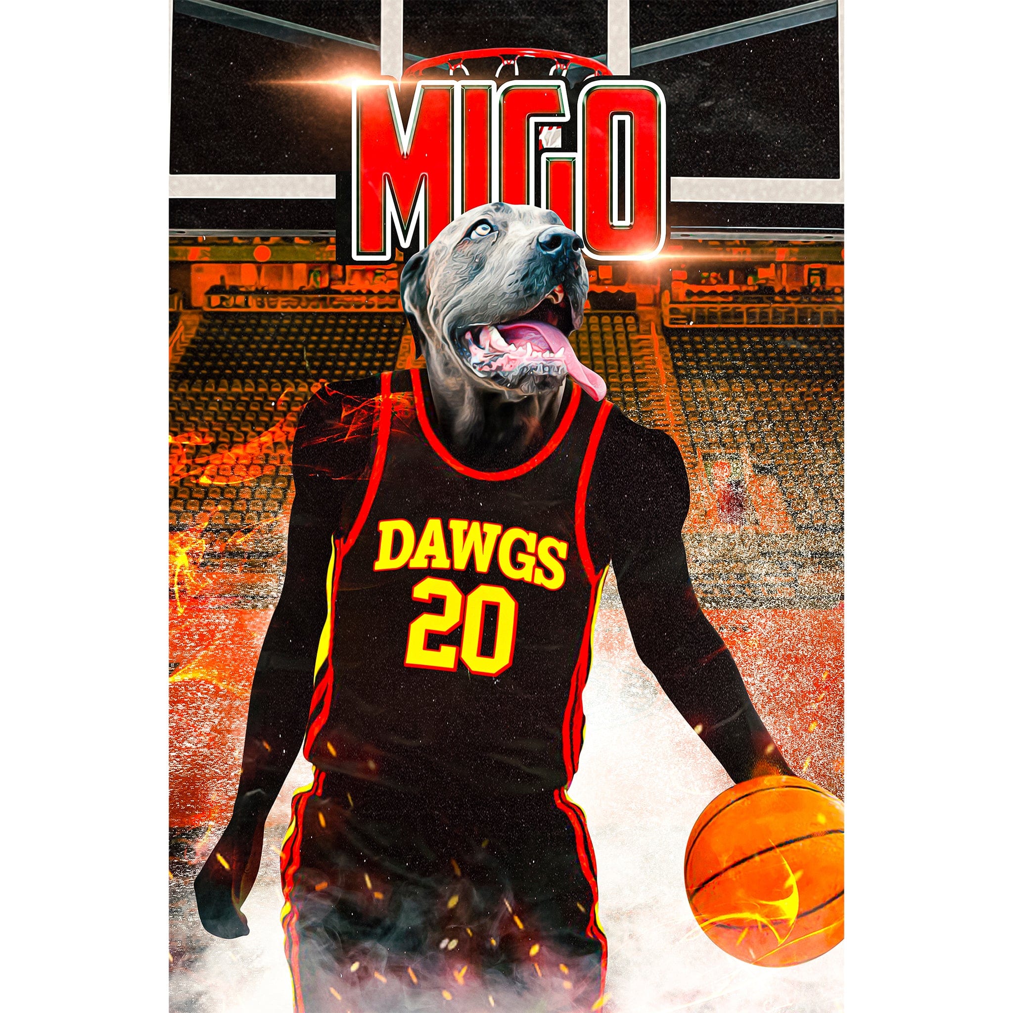 Personalized digital portrait of a dog in an Atlanta Dawgs basketball jersey, dribbling a ball.