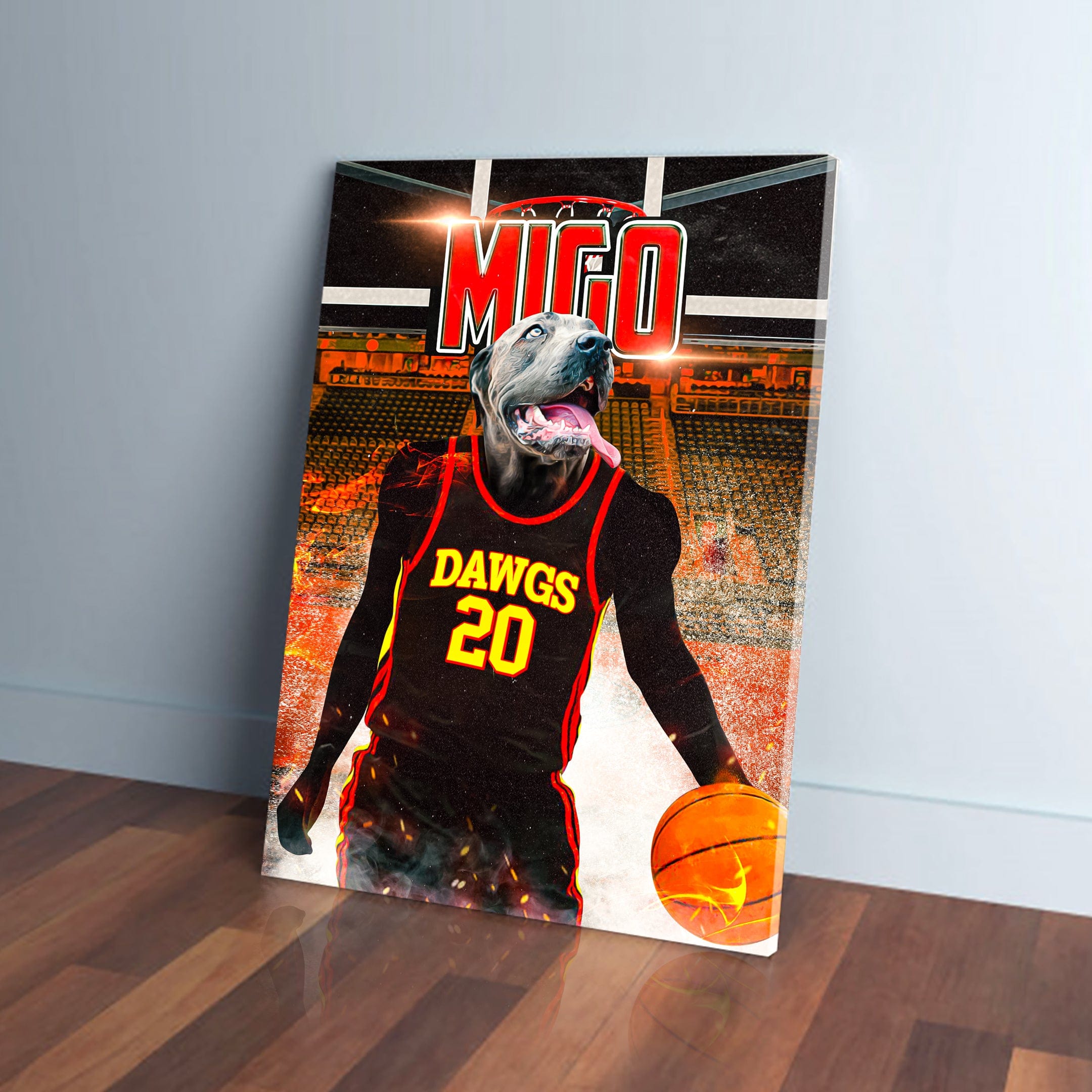 Personalized 'Atlanta Dawgs' pet canvas featuring a dog in a black and red basketball jersey, holding a glowing basketball.