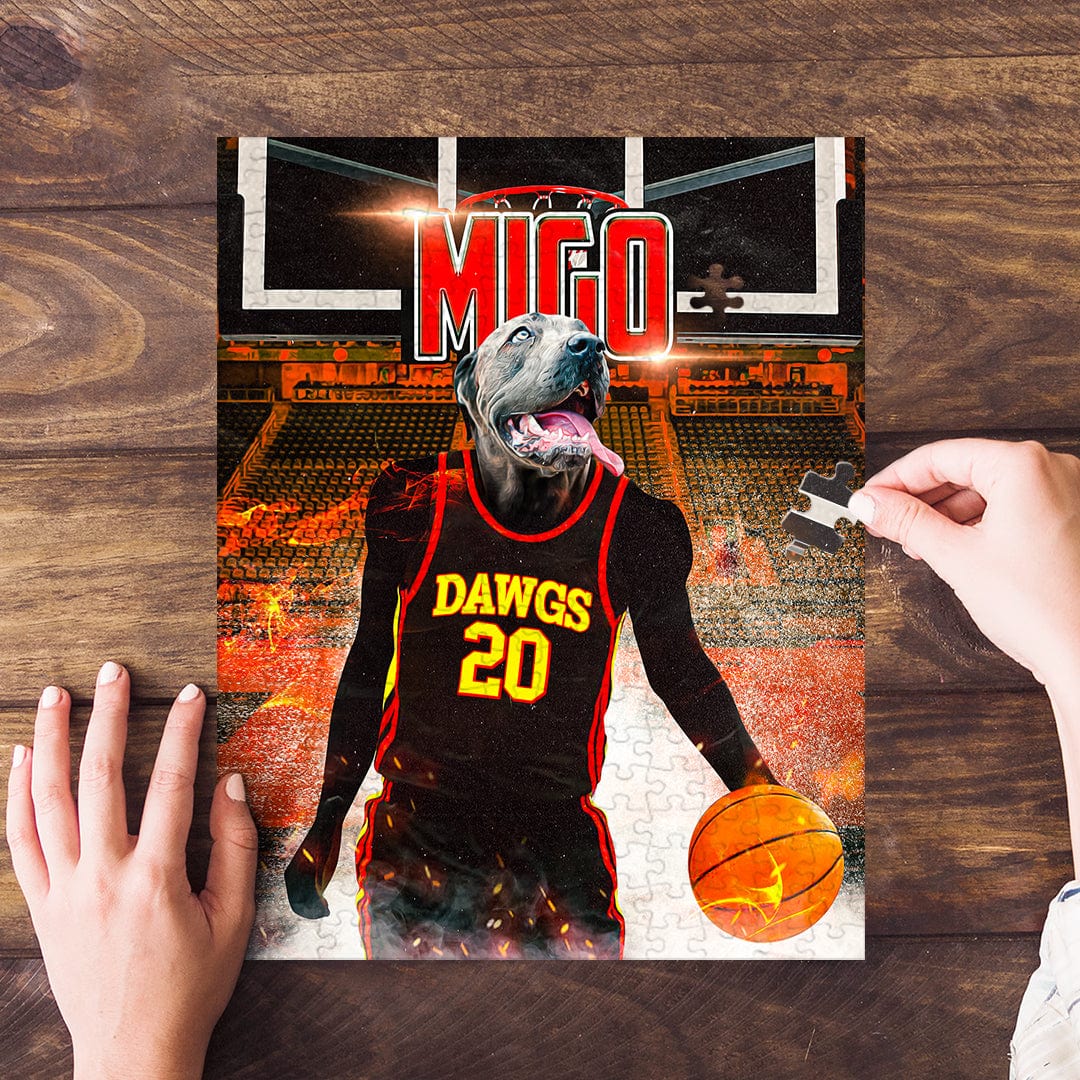 Personalized 'Atlanta Dawgs' pet puzzle featuring a dog in a basketball uniform on a court.