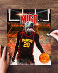 Personalized 'Atlanta Dawgs' pet puzzle featuring a dog in a basketball uniform on a court.