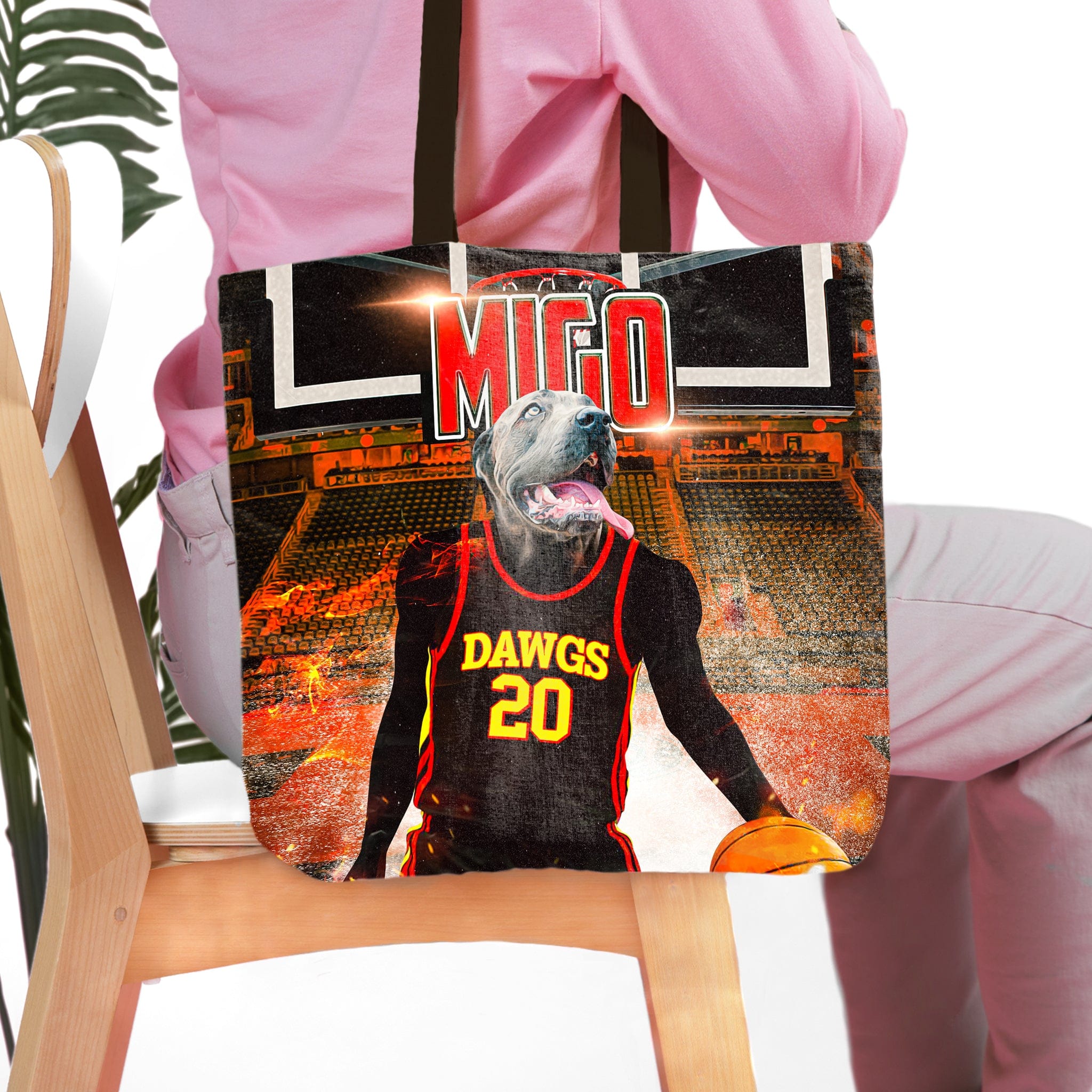 Personalized 'Atlanta Dawgs' tote bag with a custom pet portrait of a dog in a basketball jersey.