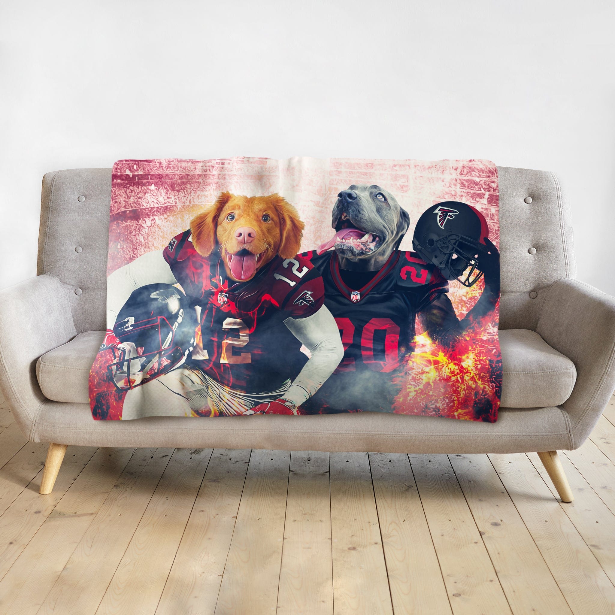 Custom personalized blanket with two dogs in Atlanta Falcons football uniforms.