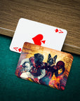 Personalized playing cards featuring two dogs in football uniforms on a green felt table.