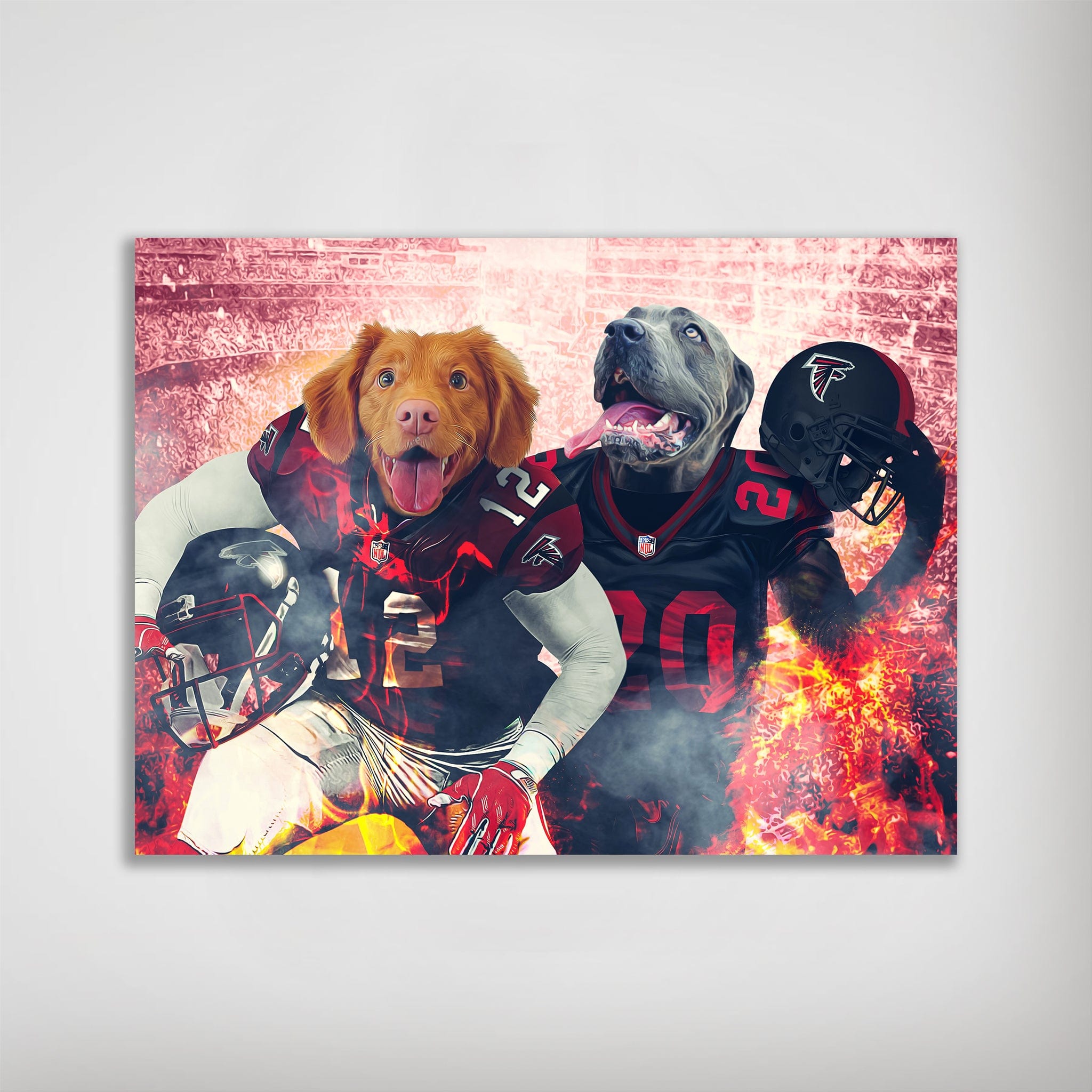 Personalized matte poster featuring two dogs in black and red Atlanta Falcons football uniforms with fiery effects.