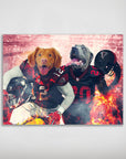 Personalized matte poster featuring two dogs in black and red Atlanta Falcons football uniforms with fiery effects.