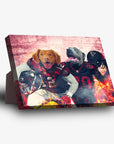 Personalized standing canvas featuring two dogs in Atlanta Falcons football uniforms with a fiery background.