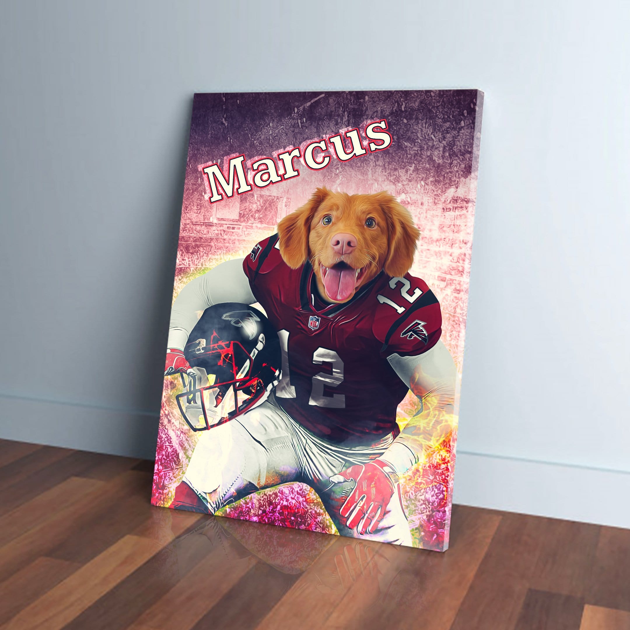 Personalized pet canvas featuring a dog in a red football uniform with "Marcus" written above.