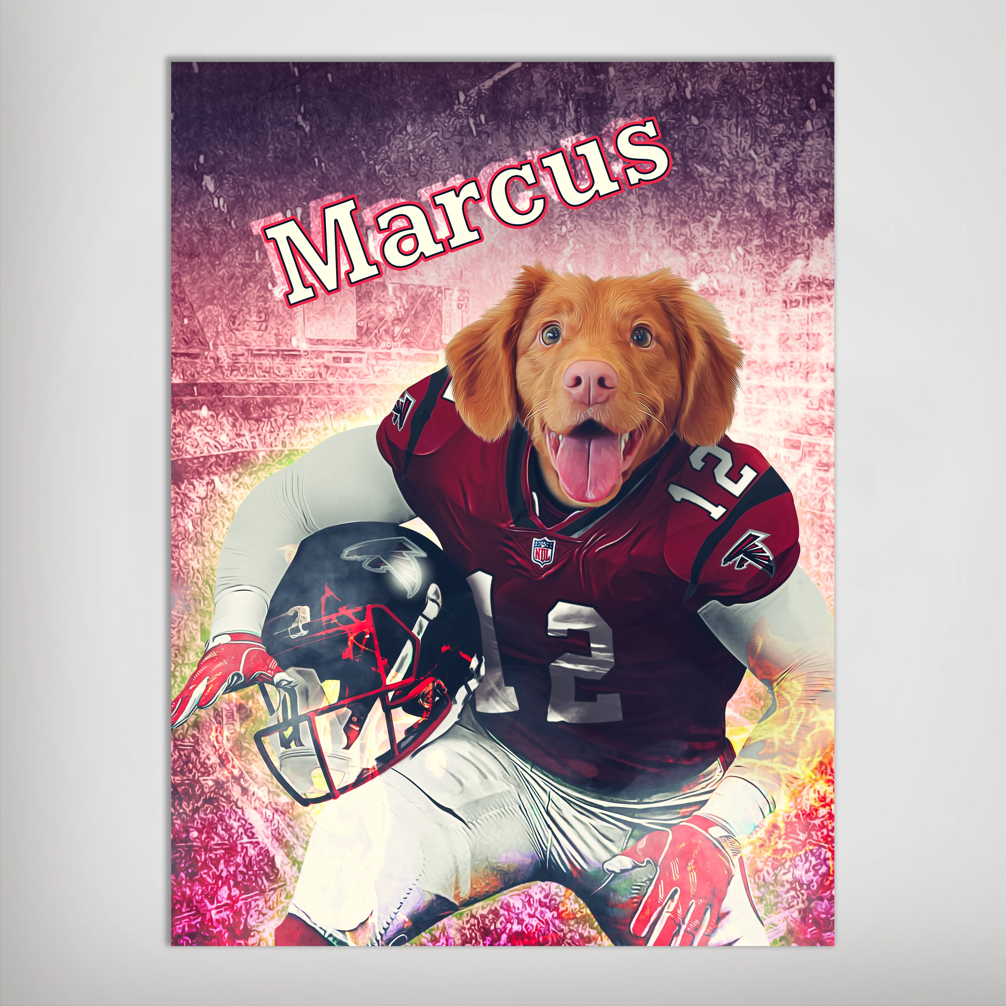 Personalized 'Atlanta Doggos' matte poster featuring a Nova Scotia Duck Tolling Retriever in a red football uniform.