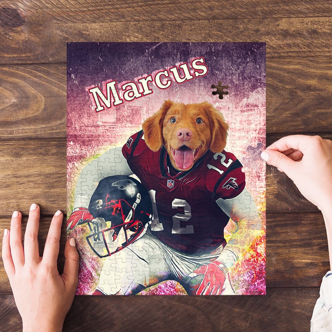 Personalized pet puzzle featuring a dog in an Atlanta Falcons football uniform, with "Marcus" written on top.